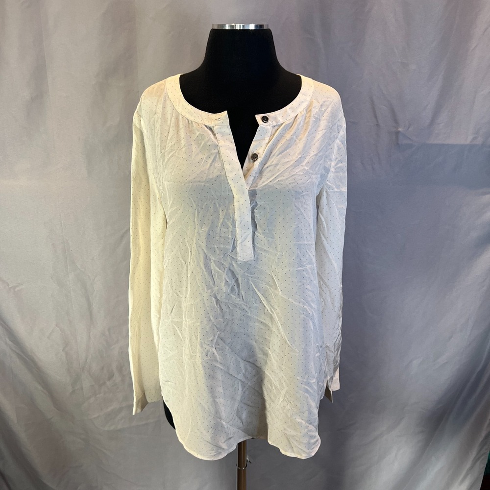 Theory Mavis Tunic Blouse Womens Medium Beige Silk Pari Print Curved Hem Casual